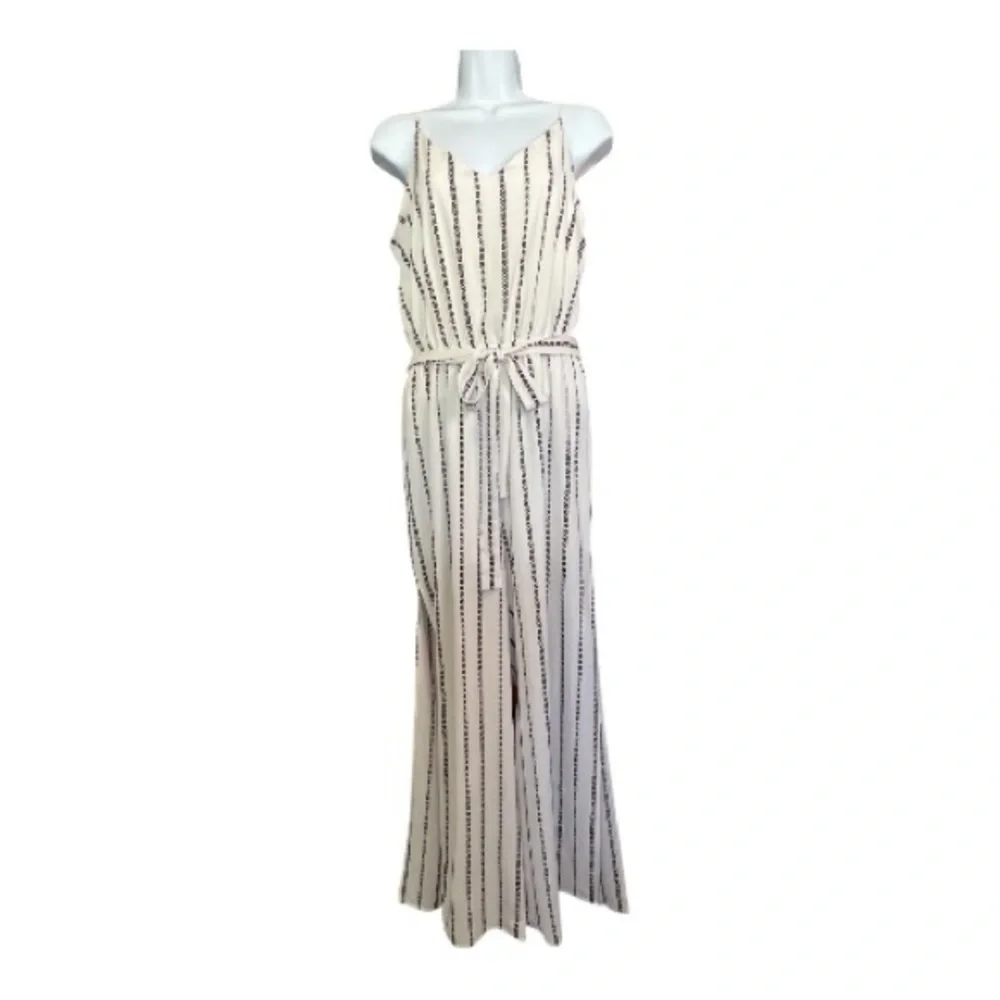EUC One Clothing ivory & brown striped wide leg jumpsuit w/ belt | size large - Picture 3 of 12